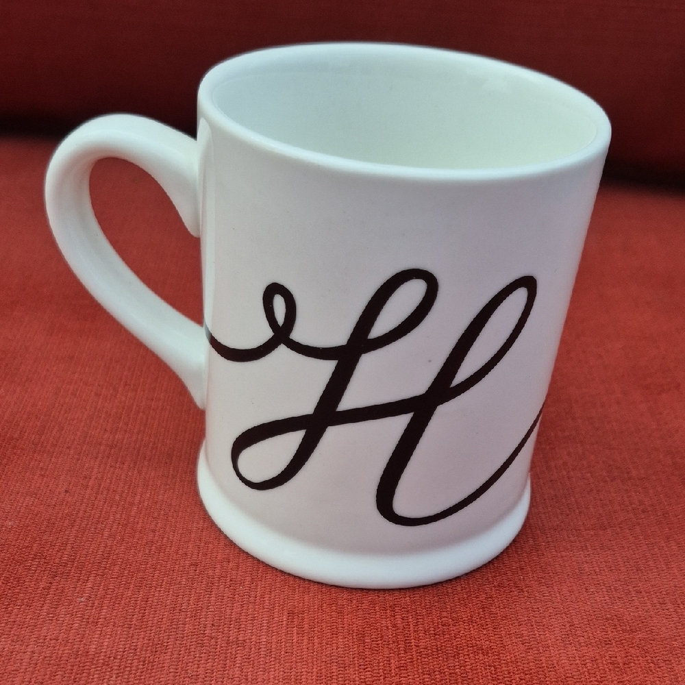Indigo White Mug with An H in Black Script